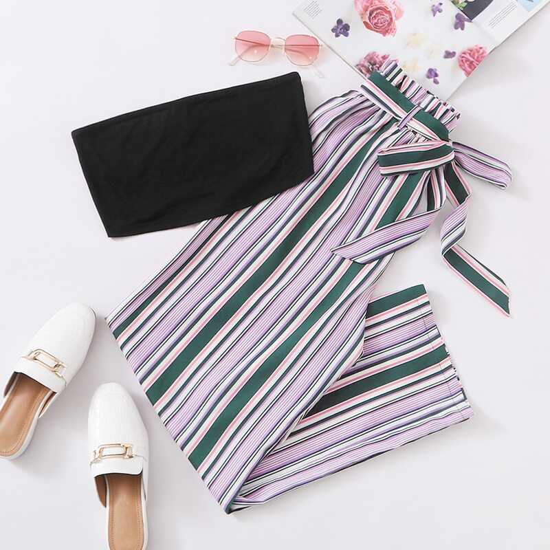 

Tube Crop Top & Paperbag Waist Belted Striped Pants Set, Multicolor
