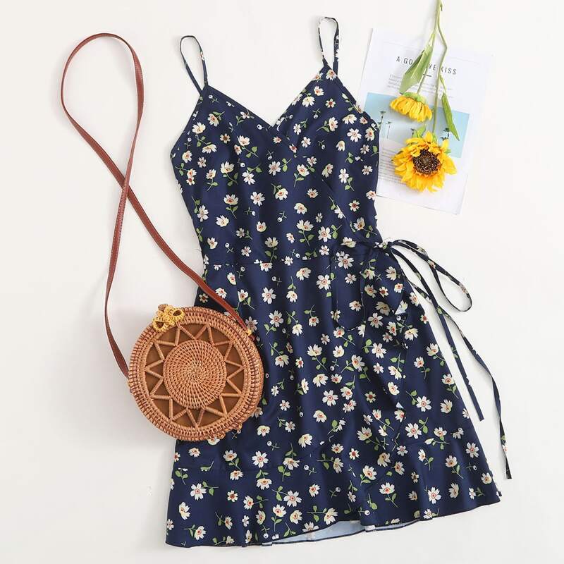 

Floral Wrap Tie Sundress, Navy blue