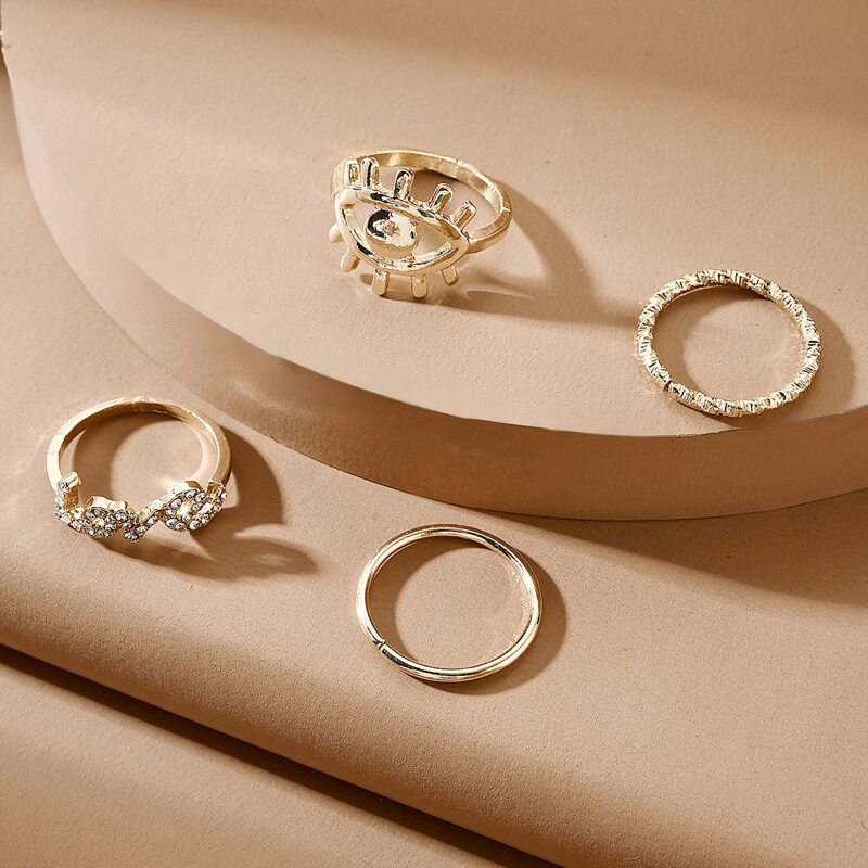

4pcs Rhinestone Engraved Ring, Gold