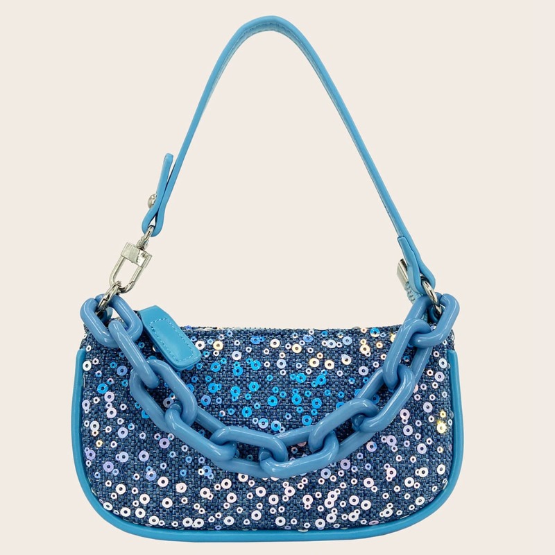 

Chain Decor Sequin Tote Bag, Blue