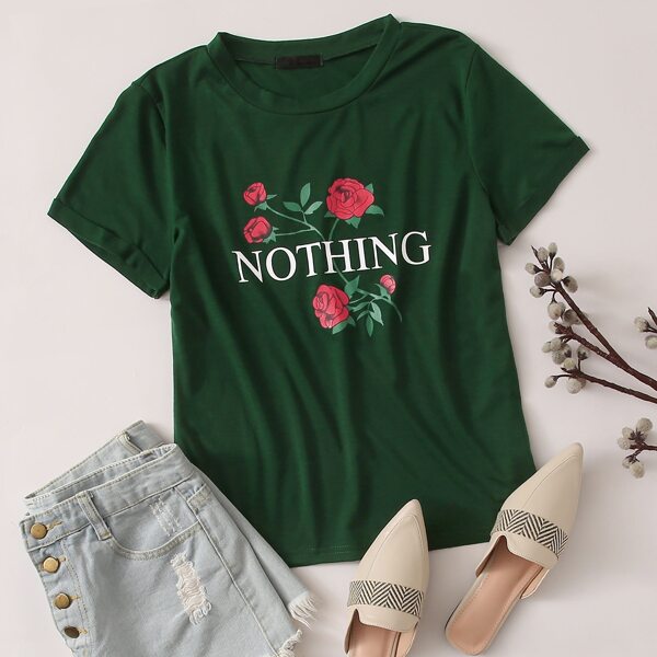 

Roll Up Sleeve Flower & Letter Graphic Tee, Green