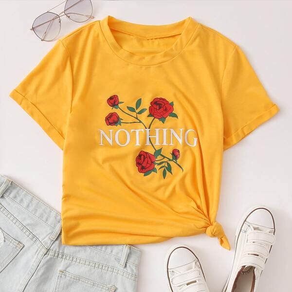 

Roll Up Sleeve Flower & Letter Graphic Tee, Yellow