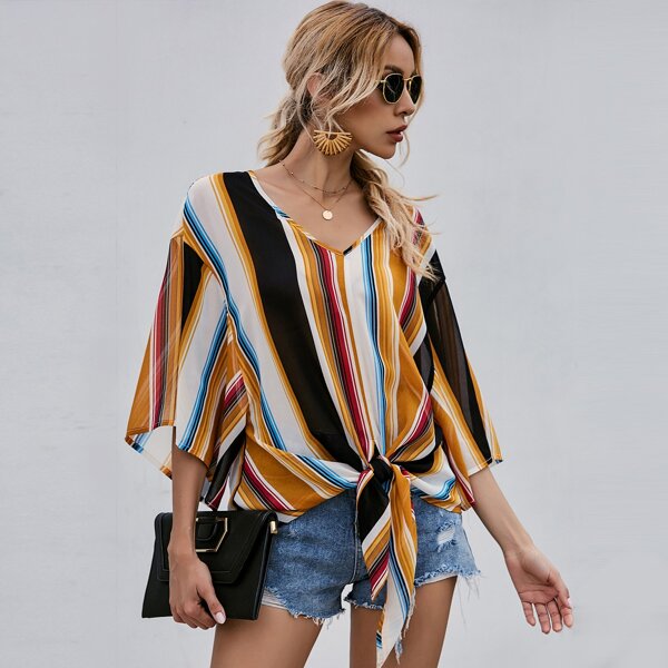 

Striped Batwing Sleeve Knot Hem Blouse, Multicolor