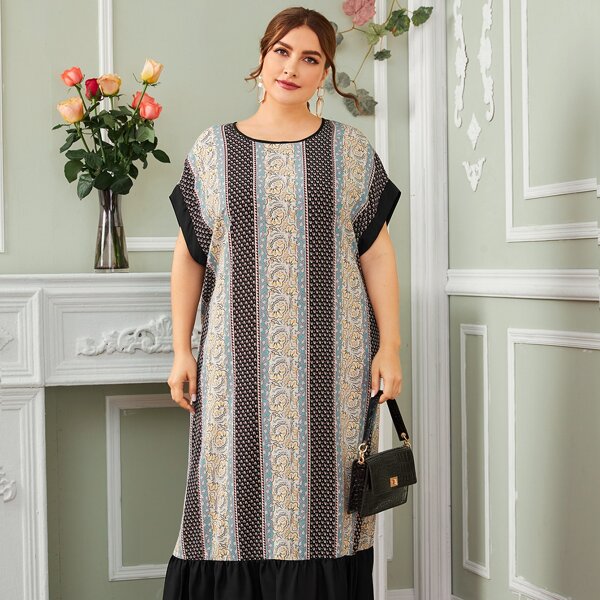 

Plus Batwing Sleeve Ruffle Hem Tribal Maxi Dress, Multicolor