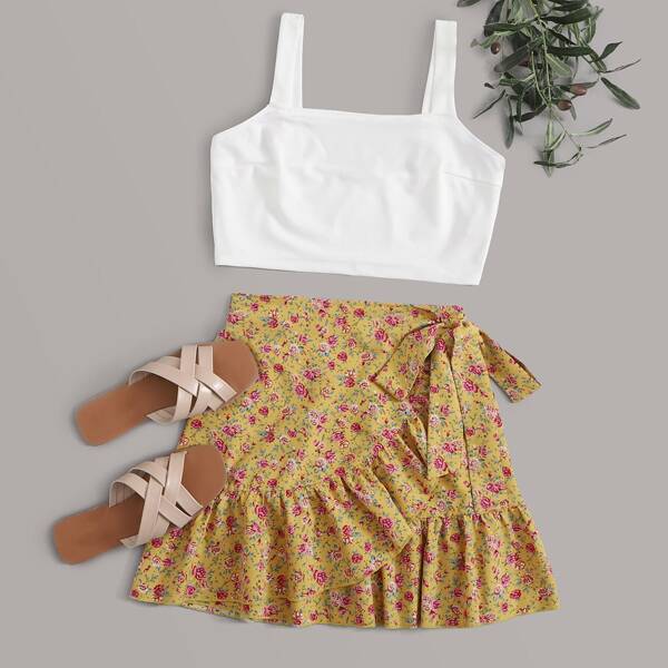 

Crop Cami Top & Wrap Knotted Ditsy Floral Skirt Set, Multicolor