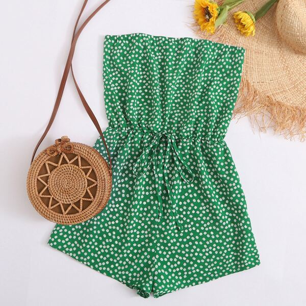 

Tie Waist Ditsy Floral Tube Romper, Green