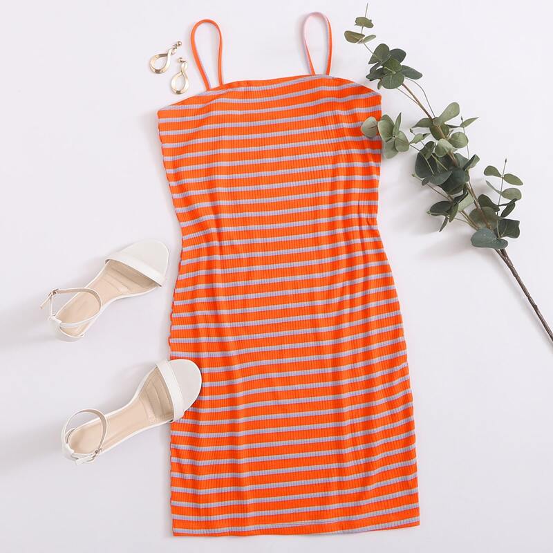

Rib-knit Striped Dress, Orange