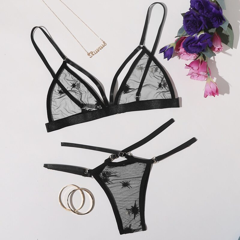 

Embroidered Mesh Harness Lingerie Set, Black