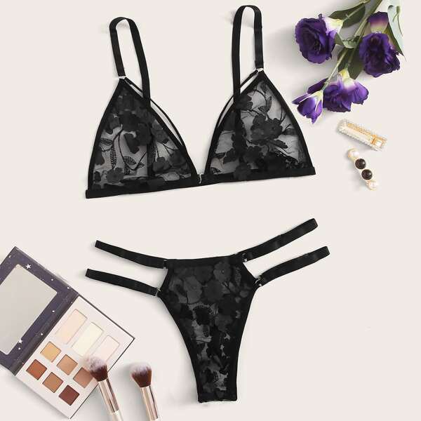 

Floral Applique Harness Lingerie Set, Black