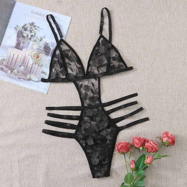 

Floral Applique Cutout Teddy Bodysuit, Black