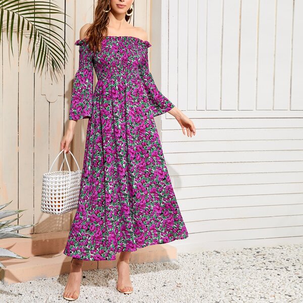 

Off Shoulder Shirred Detail Flounce Sleeve Dress, Multicolor