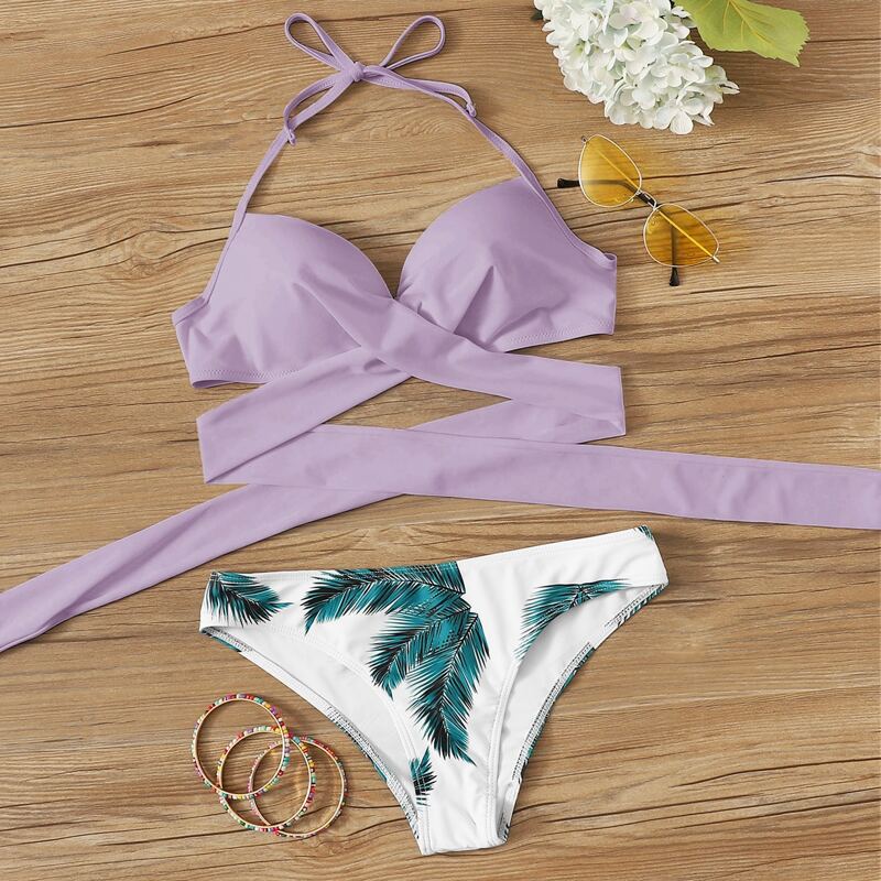 

Palm Print Wrap Halter Bikini Swimsuit, Multicolor