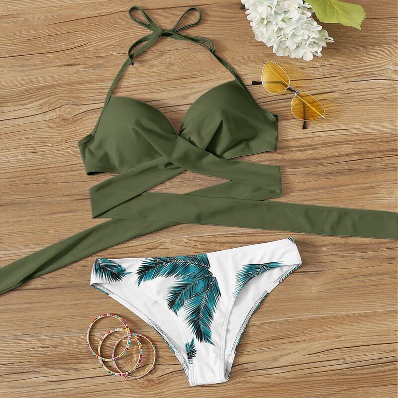 

Palm Print Wrap Halter Bikini Swimsuit, Multicolor