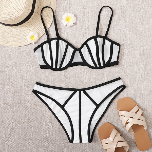

Contrast Binding Underwire Bikini Swimsuit, Black and white