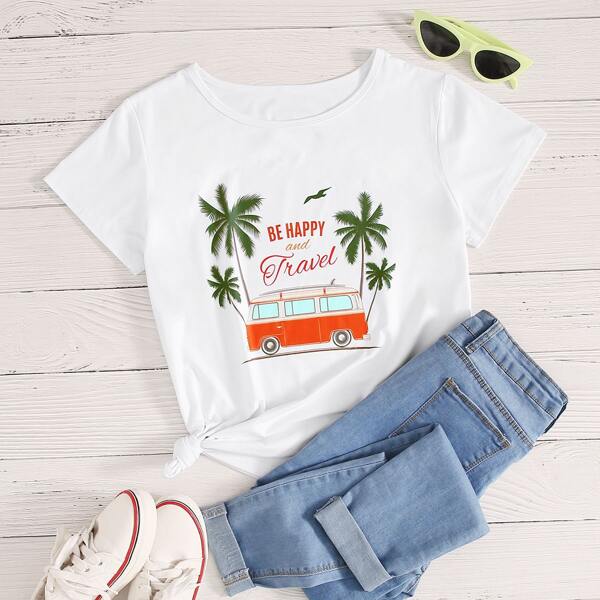 

Tropical And Slogan Graphic Tee, White