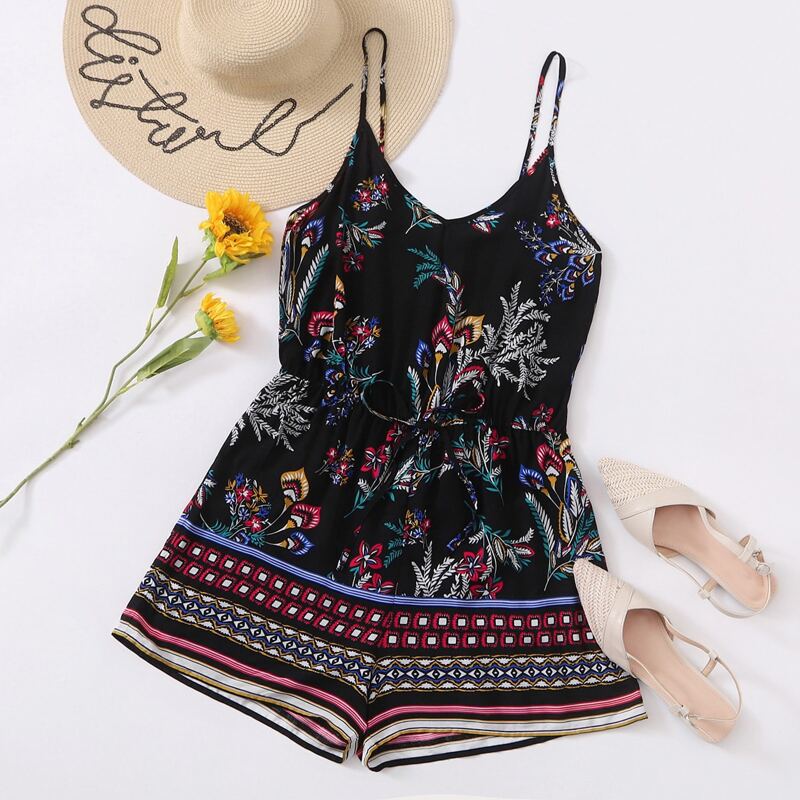 

Tie Waist Floral & Tribal Cami Romper, Black