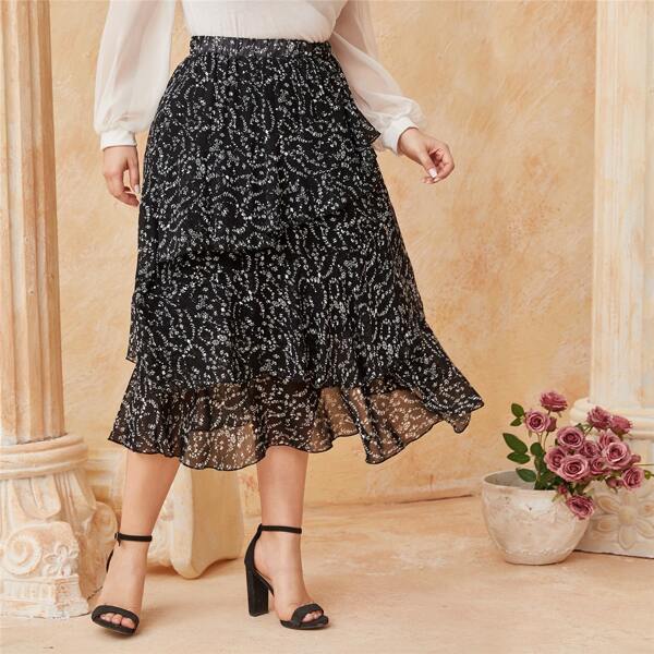 

Plus Ditsy Floral Print Layered Skirt, Black