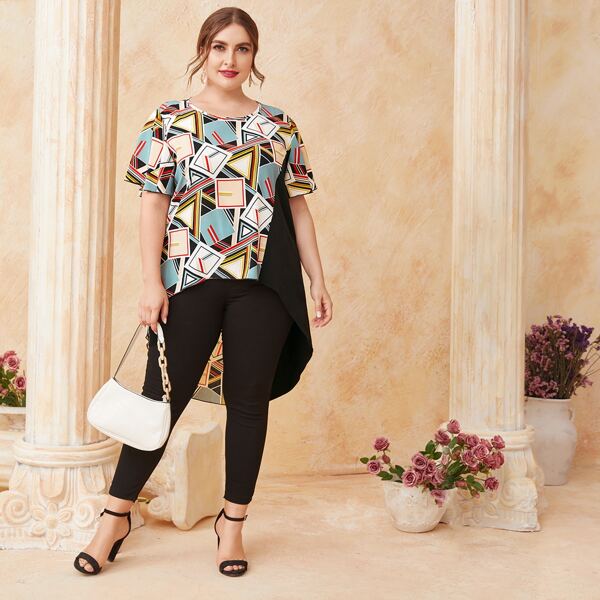 

Plus Geo Print High Low Hem Blouse, Multicolor
