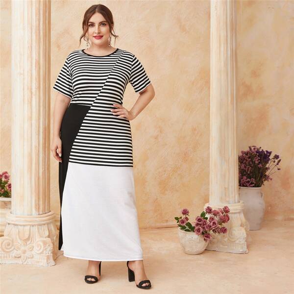

Plus Striped Color-block Tee Dress, Black and white