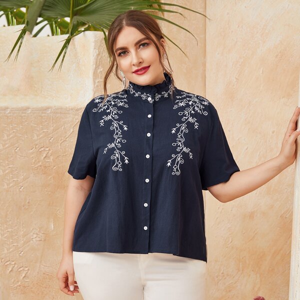 

Plus Plants Embroidery Frill Neck Button Up Blouse, Navy blue