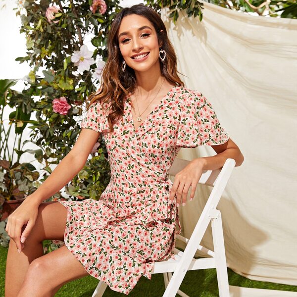 

Ditsy Floral Flutter Sleeve Knot Wrap Dress, Multicolor