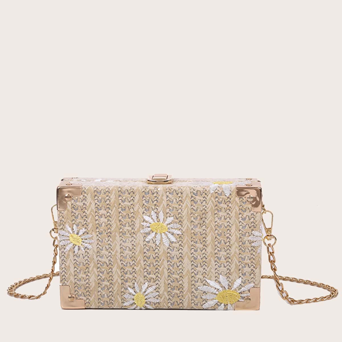 

Daisy Embroidered Woven Box Bag, Beige