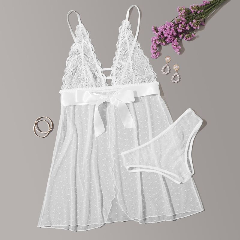 

Contrast Lace Mesh Slips With Panty, White