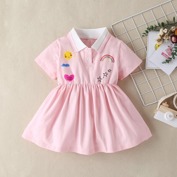 

Toddler Girls Cartoon Graphic Contrast Polo Neck Dress, Pink