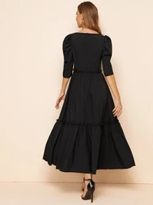 SHEIN Clasi Square Neck Gigot Sleeve Frill Detail Dress - Black - View 2