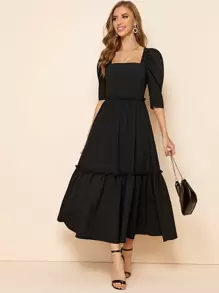 SHEIN Clasi Square Neck Gigot Sleeve Frill Detail Dress - Black - View 1
