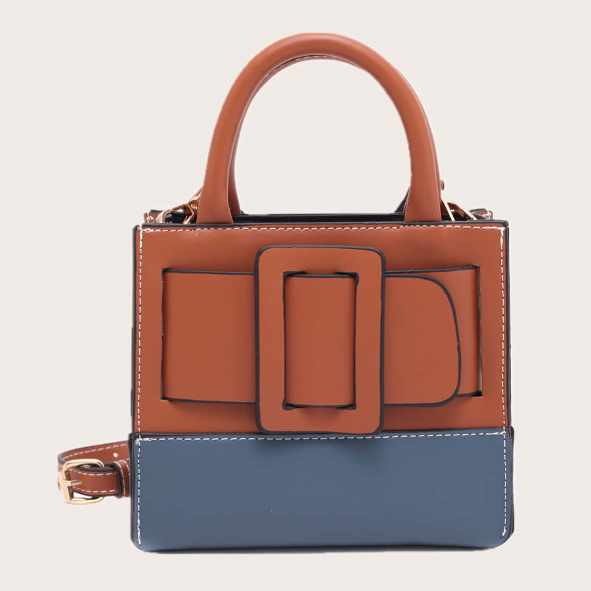 Buckle Strap Decor Satchel Bag, Brown