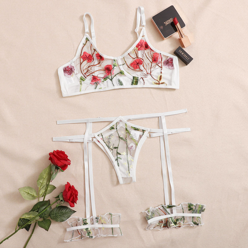 

Embroidered Mesh Underwire Garter Lingerie Set, Multicolor
