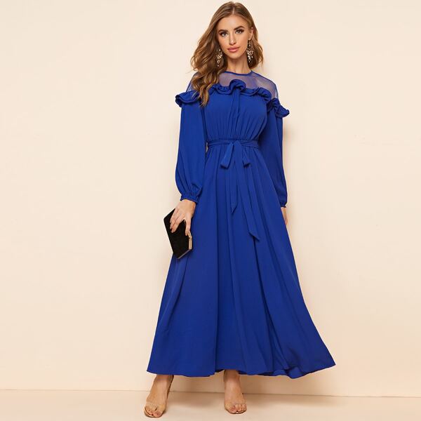 

Sheer Mesh Yoke Ruffle Trim Belted Maxi Dress, Blue
