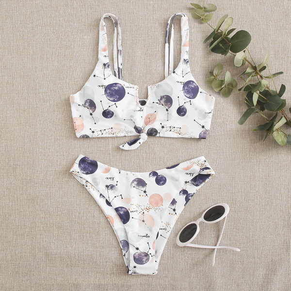 

Planet Print U Wired Knot Hem Bikini Swimsuit, Multicolor