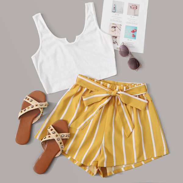 

Notch Neck Rib-knit Top and Self Belted Striped Shorts Set, Multicolor