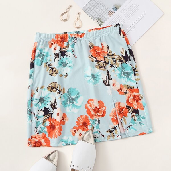 

Split Hem Floral Print Skirt, Blue