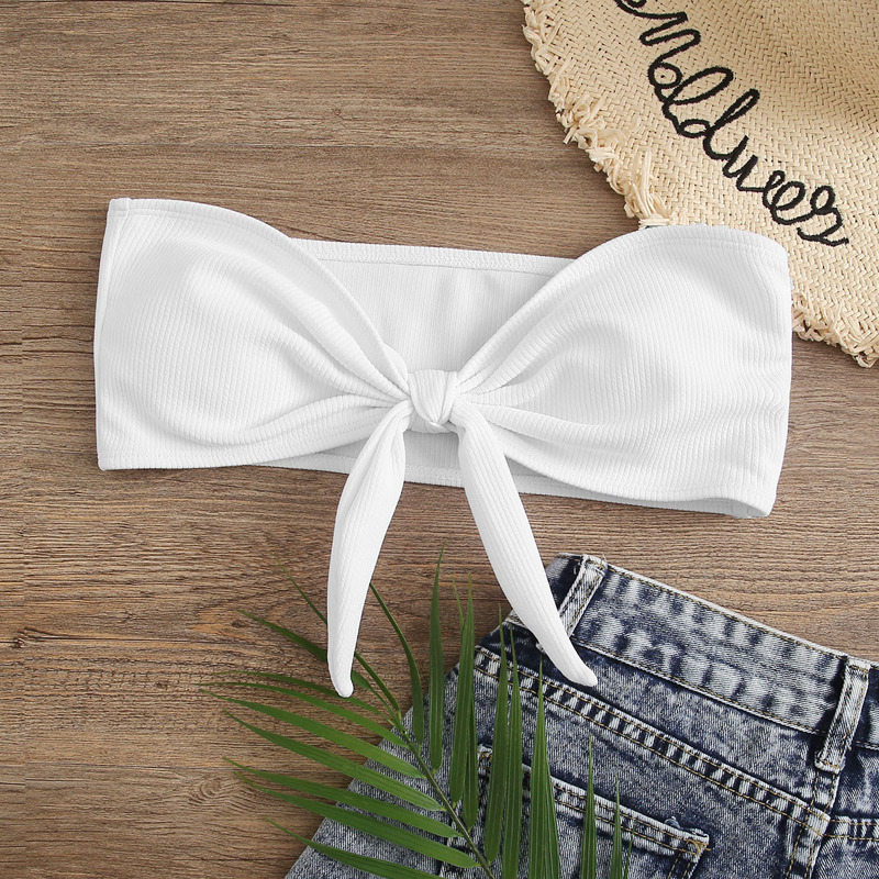 

Rib Knot Front Bandeau Bikini Top, White