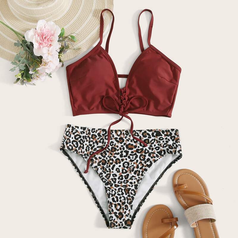

Leopard Lace-up Front Bikini Swimsuit, Multicolor