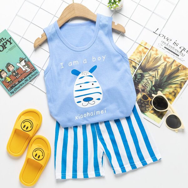 

Toddler Boys Cartoon And Striped Tank PJ Set, Blue