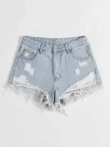 SHEIN EZwear Ripped Raw Hem Denim Shorts - Blue - View 3