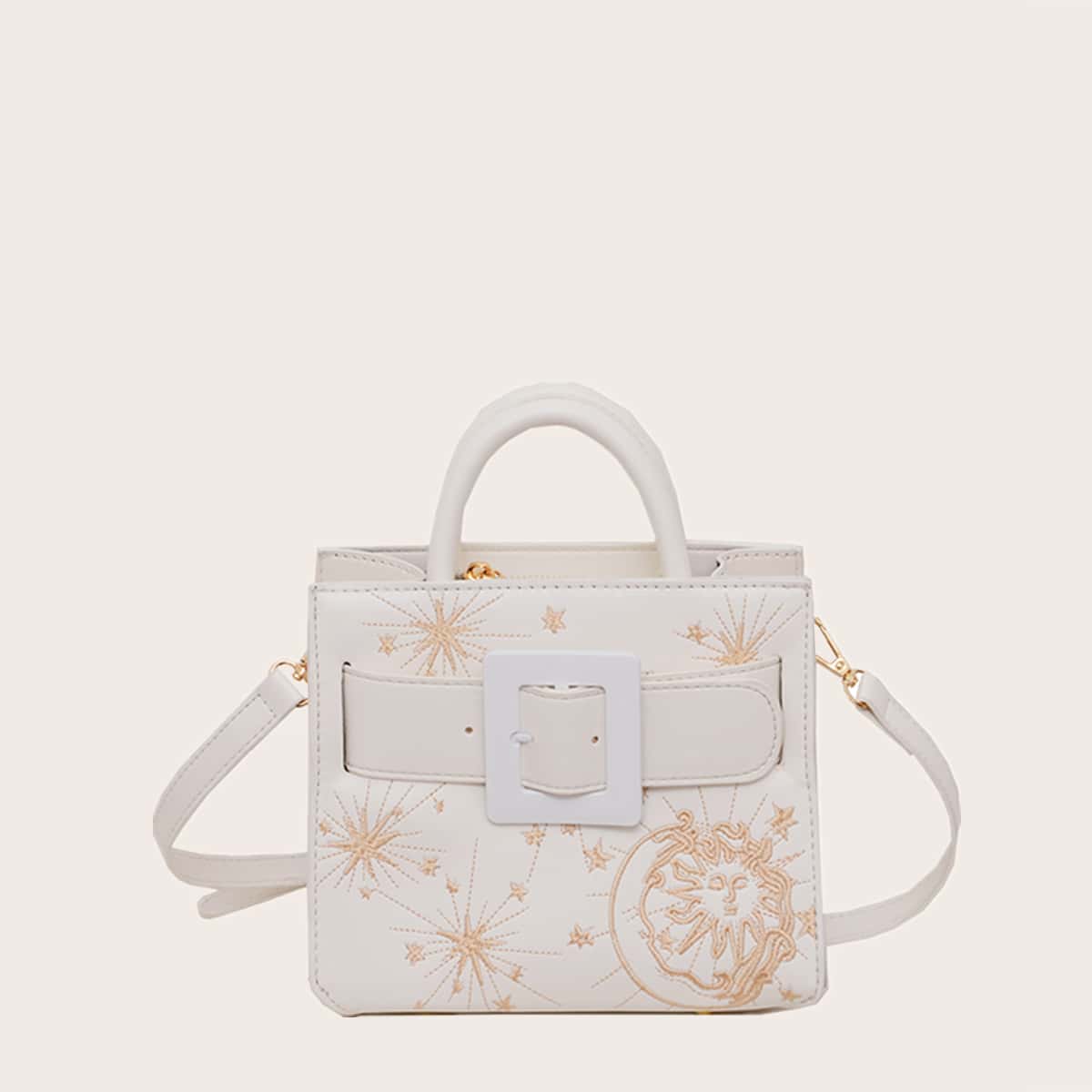 

Buckle Strap Decor Embroidered Satchel Bag, White
