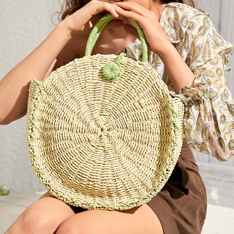 

Round Shaped Braided Tote Bag, Khaki