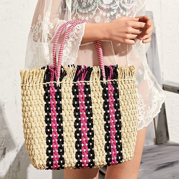 

Fringe Decor Colorblock Braided Tote Bag, Multicolor