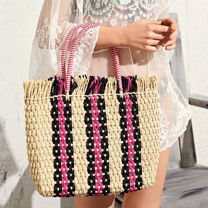 

Fringe Decor Colorblock Braided Tote Bag, Multicolor
