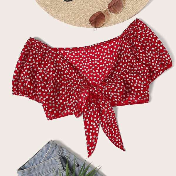 

Plus Daisy Floral Tie Front Top, Red