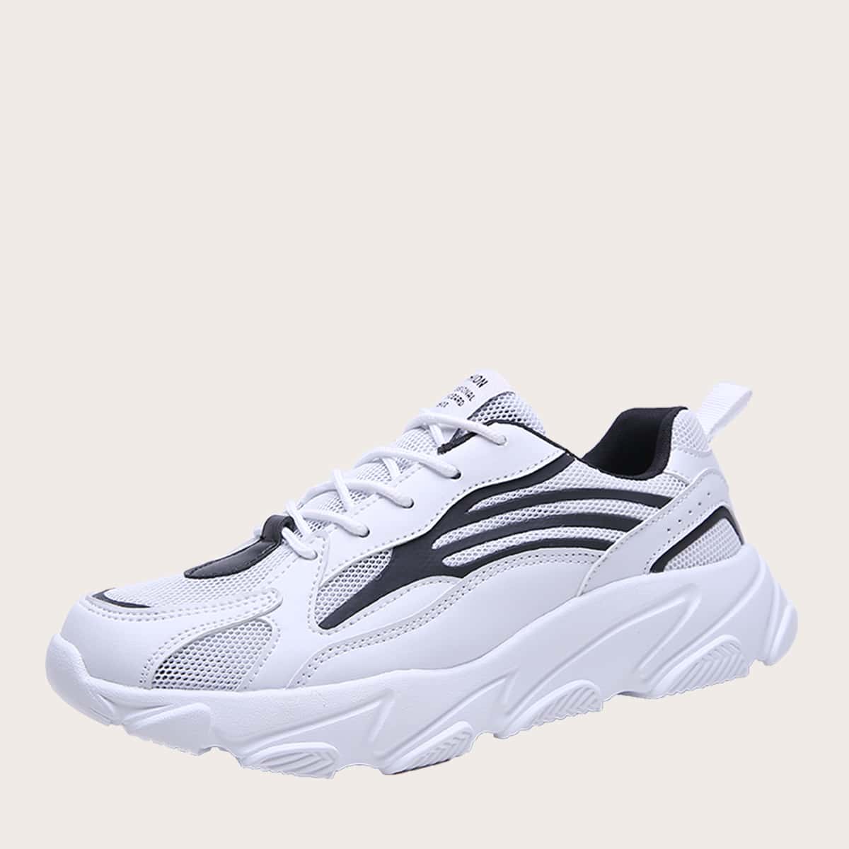 

Guys Mesh Panel Lace-up Front Chunky Sneakers, Black and white