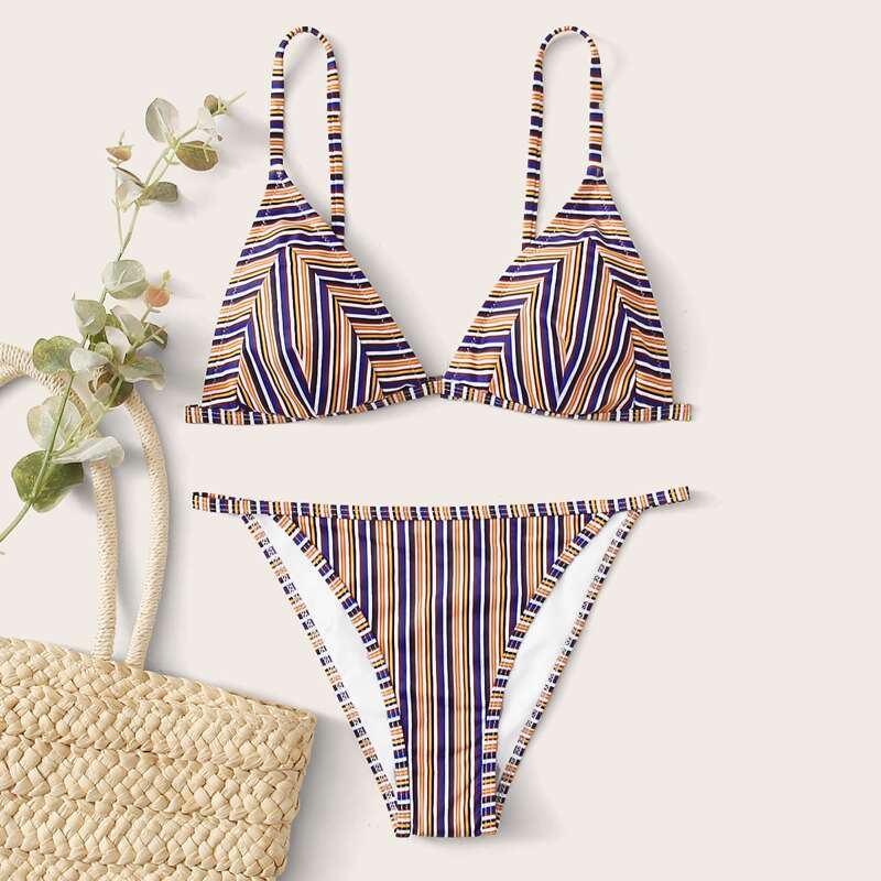 

Striped Triangle Tanga Bikini Swimsuit, Multicolor