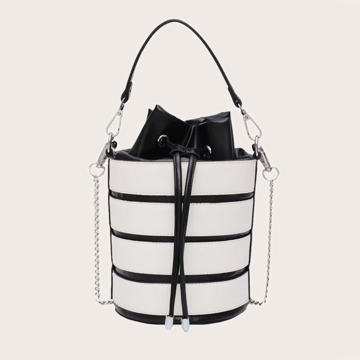 

Striped Drawstring Bucket Bag, Black and white