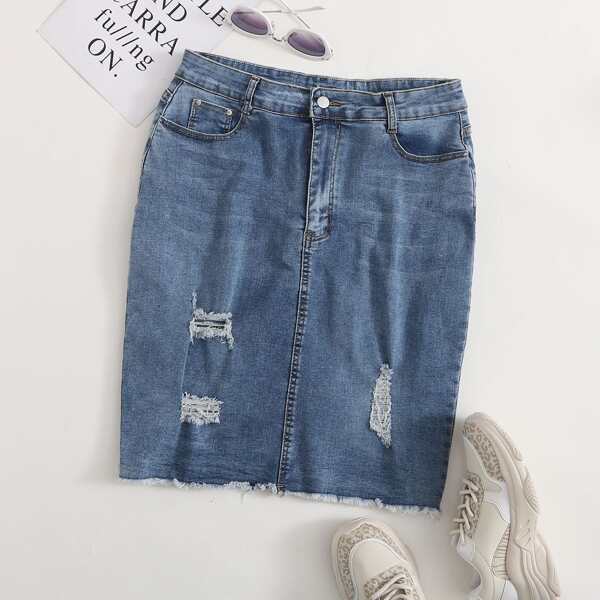 

Plus Ripped Raw Hem Denim Skirt, Blue