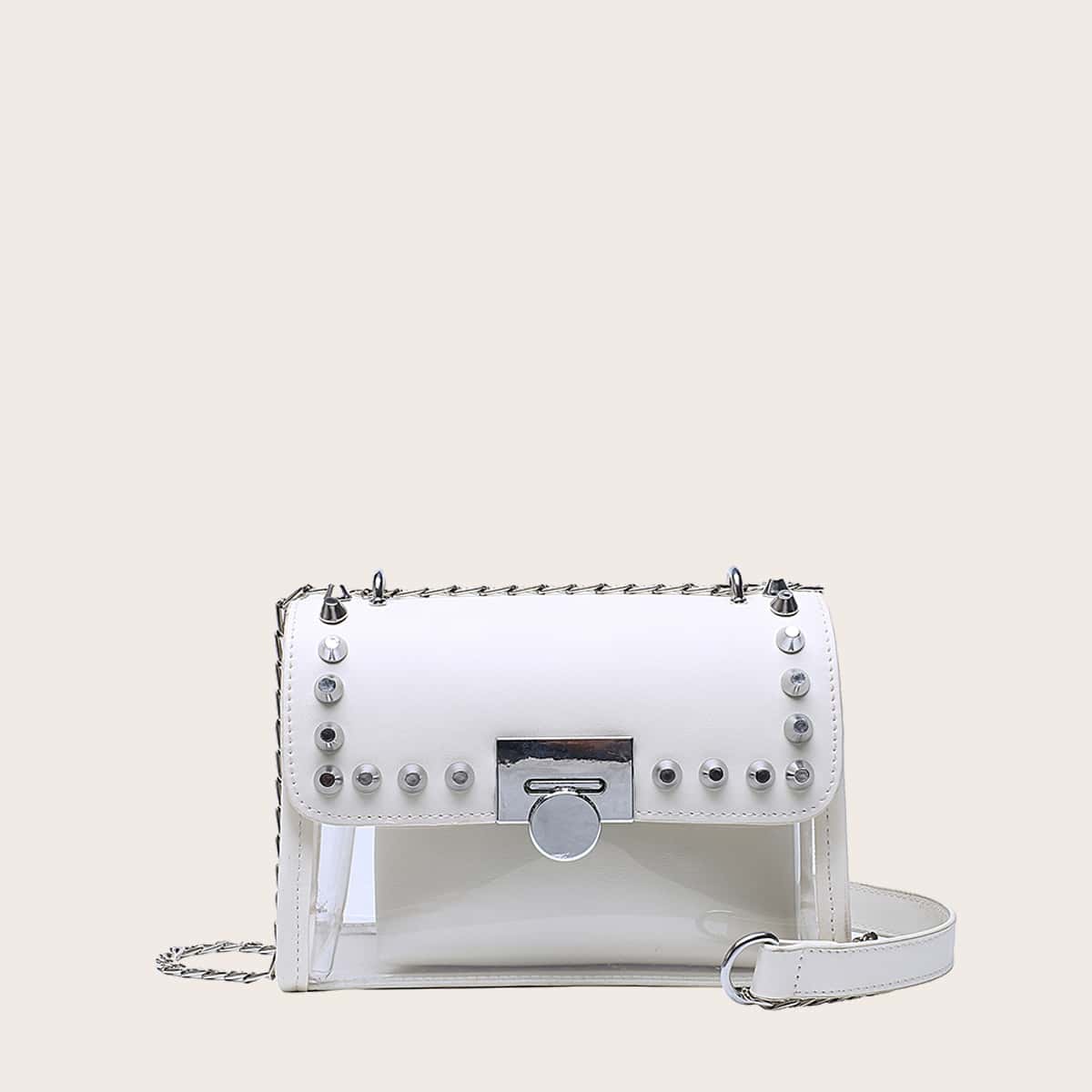 

Spiked Decor Clear Crossbody Bag With Inner Pouch, White